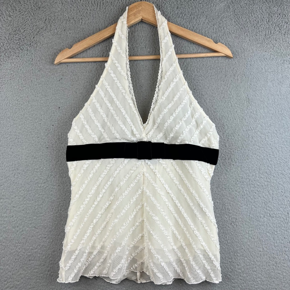 Arden B Y2K Ivory White Ruffle Mesh Halter Top Black Velvet Bow Waist Size M